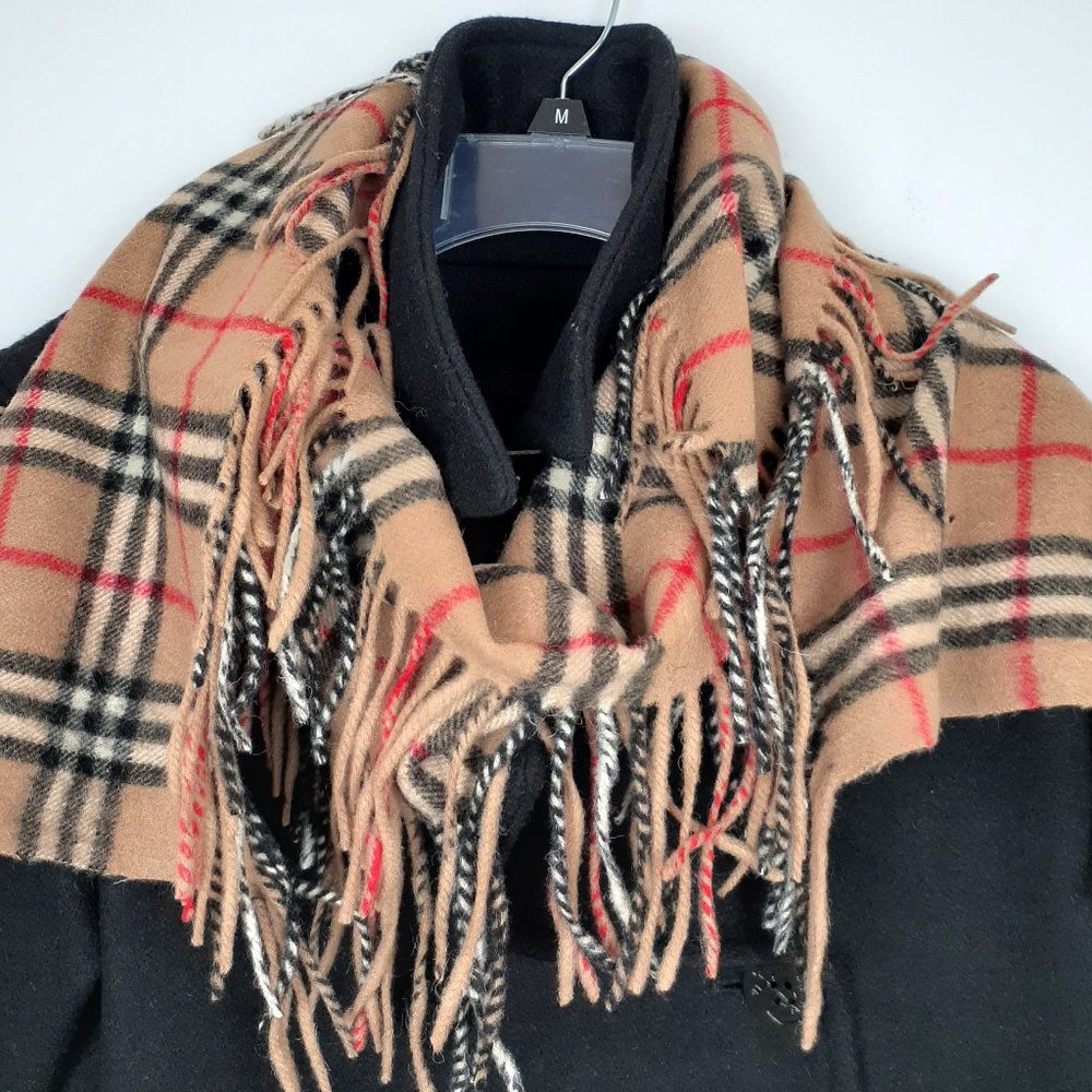 Plaid scarf with fringes. Red, black and white on tan preppy